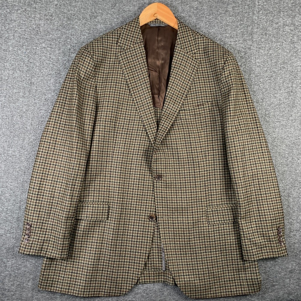 Jack Victor Blazer Jacket Men 46L Brown Check Sport Coat Italian Fabric